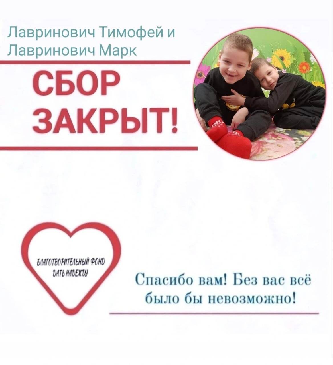 Сбор средств для мальчиков Тимофея и Марка закрыт